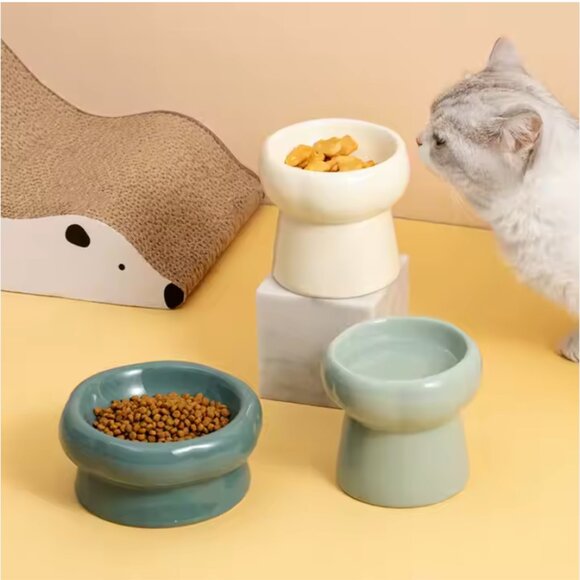 Ceramic Elevated Pet Foot Bowls Decor Cat Dog Home Small Mini Flower Cream Blue - Picture 1 of 16